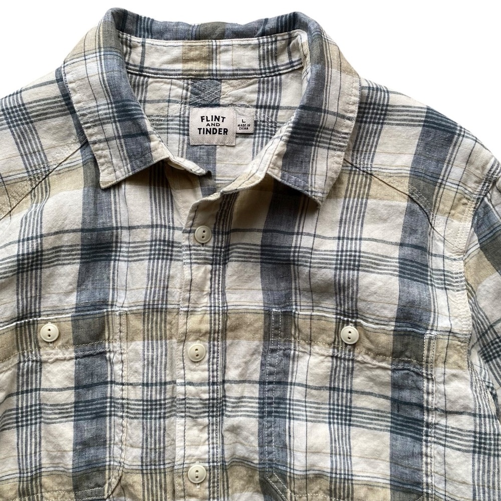 Flint Tinder Linen Button Up Shirt Plaid Western Blue Beige Mens L Long Sleeve
